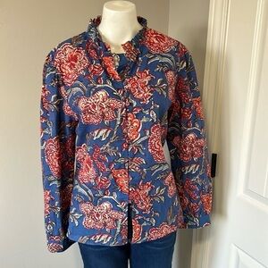Beau and Ro Blue Floral Ruffle Collar Button Down Blouse Shirt Top Sz L NEW